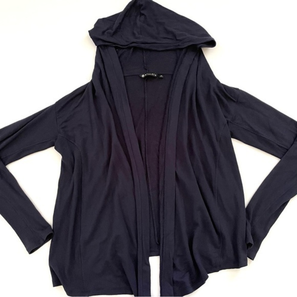 Athleta Nirvana Hooded Wrap Top Open Front Navy Blue ST